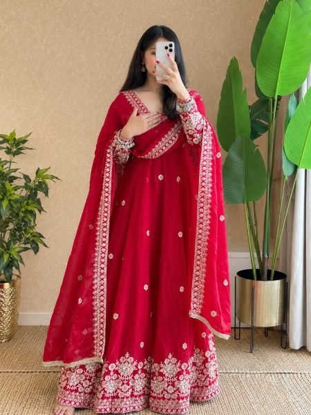 Inspiring Red Designer Fendy Silk Gown with Embroidered Dupatta and Pant for Festival 