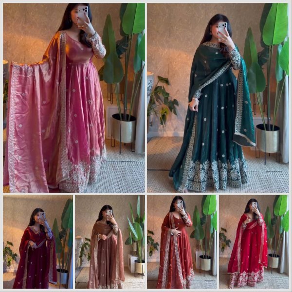 Inspiring Red Designer Fendy Silk Gown with Embroidered Dupatta and Pant for Festival Ready To Wear Collection