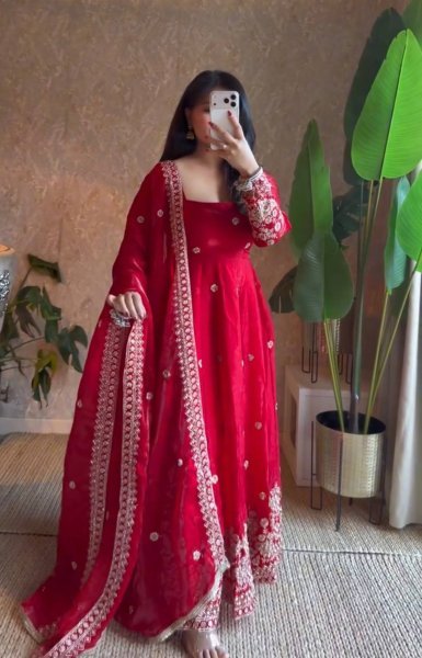 Inspiring Red Designer Fendy Silk Gown with Embroidered Dupatta and Pant for Festival Ready To Wear Collection