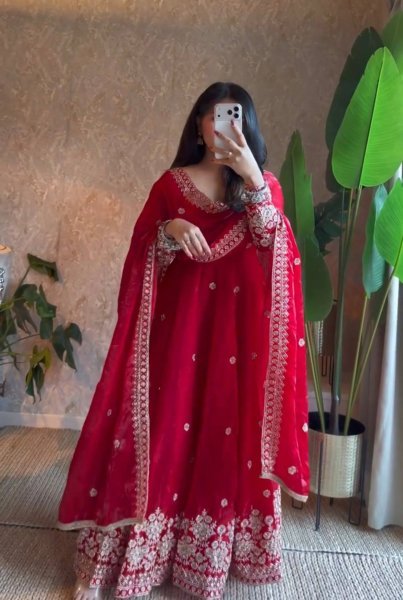 Inspiring Red Designer Fendy Silk Gown with Embroidered Dupatta and Pant for Festival Ready To Wear Collection