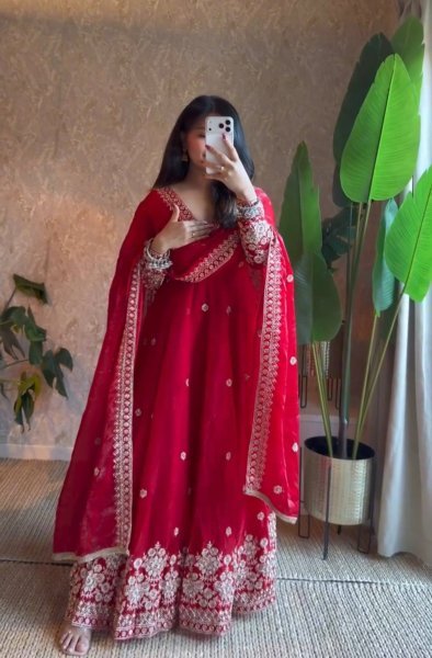 Inspiring Red Designer Fendy Silk Gown with Embroidered Dupatta and Pant for Festival Ready To Wear Collection