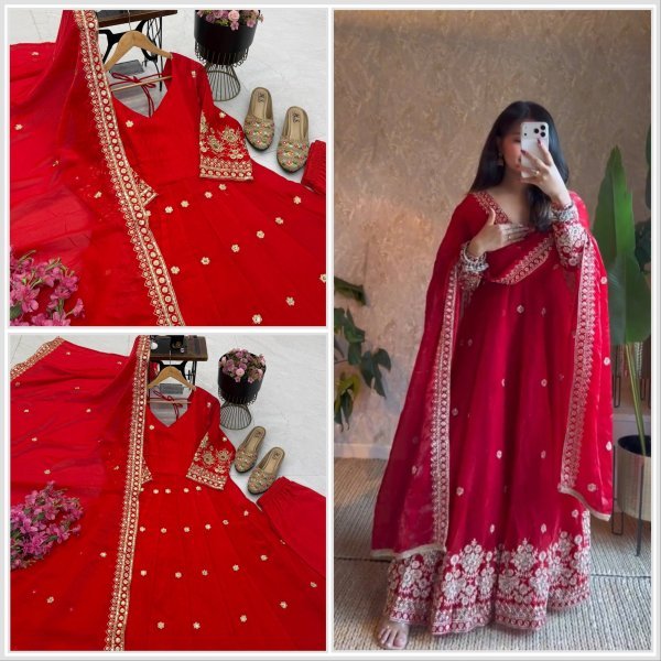 Inspiring Red Designer Fendy Silk Gown with Embroidered Dupatta and Pant for Festival Ready To Wear Collection