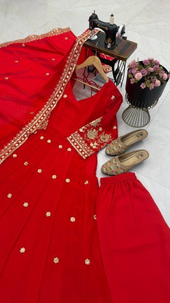 Inspiring Red Designer Fendy Silk Gown with Embroidered Dupatta and Pant for Festival Ready To Wear Collection
