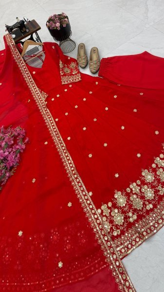Inspiring Red Designer Fendy Silk Gown with Embroidered Dupatta and Pant for Festival Ready To Wear Collection