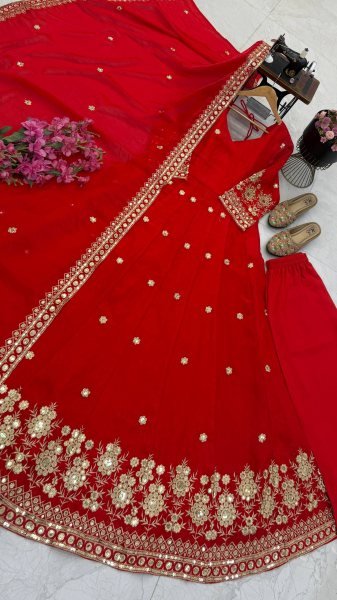 Inspiring Red Designer Fendy Silk Gown with Embroidered Dupatta and Pant for Festival Ready To Wear Collection