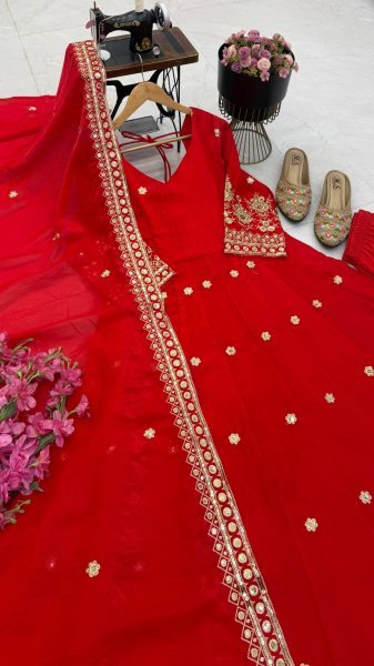 Inspiring Red Designer Fendy Silk Gown with Embroidered Dupatta and Pant for Festival Ready To Wear Collection