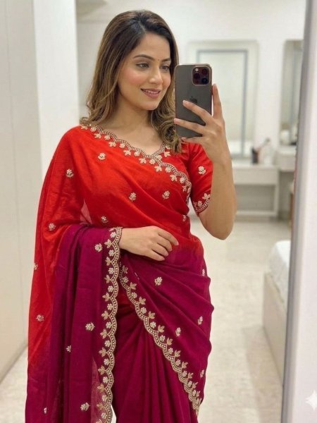 Inspiring Red Maroon Hand Embroidered Dual Shade Saree with Designer Zari Work  Sarees 