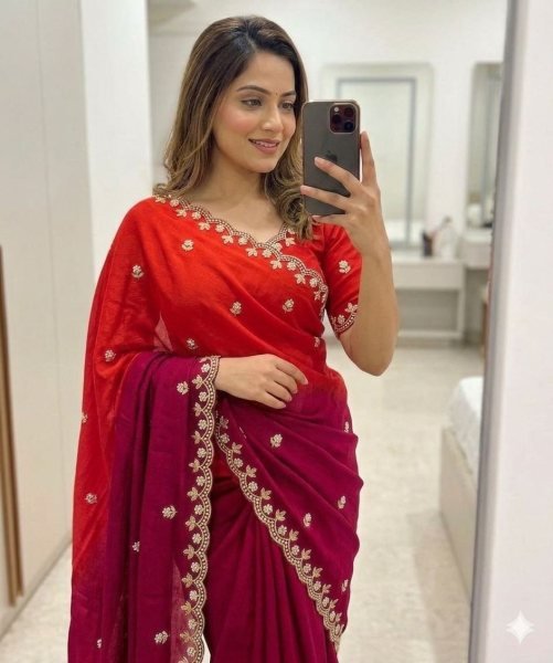 Inspiring Red Maroon Hand Embroidered Dual Shade Saree with Designer Zari Work  Embroidery Sarees Wholesale