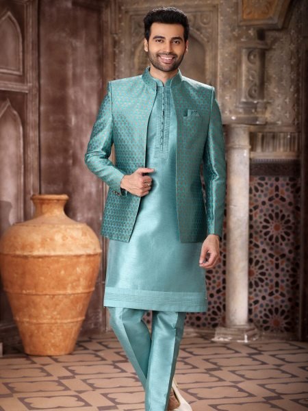 Inspiring Sea Blue Indo Western Dress for Men with Rich Fabric Styling Mens Wear