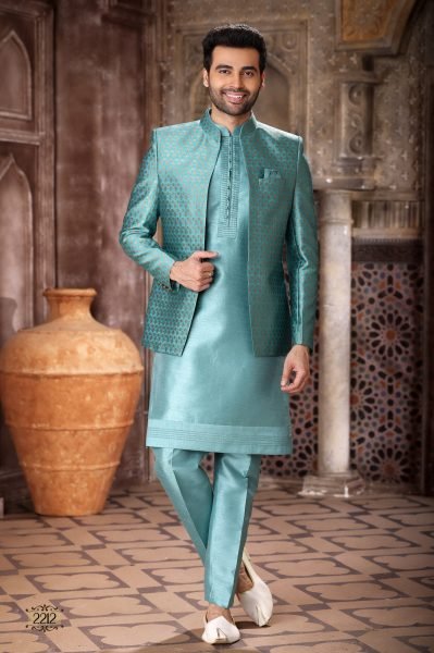 Inspiring Sea Blue Indo Western Dress for Men with Rich Fabric Styling Kurta Pajama Wholesale