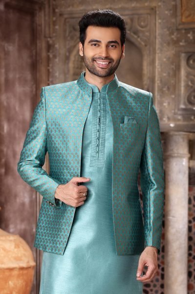 Inspiring Sea Blue Indo Western Dress for Men with Rich Fabric Styling Kurta Pajama Wholesale