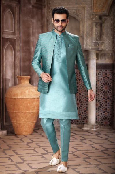 Inspiring Sea Blue Indo Western Dress for Men with Rich Fabric Styling Kurta Pajama Wholesale