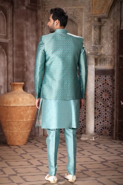 Inspiring Sea Blue Indo Western Dress for Men with Rich Fabric Styling Kurta Pajama Wholesale