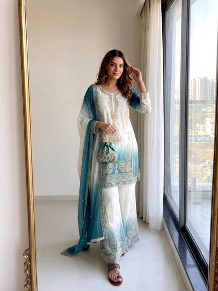 Inspiring Sky Blue Georgette Suits With Palazzo And Matching Dupatta Using Diamond  