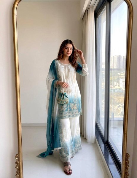 Inspiring Sky Blue Georgette Suits With Palazzo And Matching Dupatta Using Diamond  Ready To Wear Collection