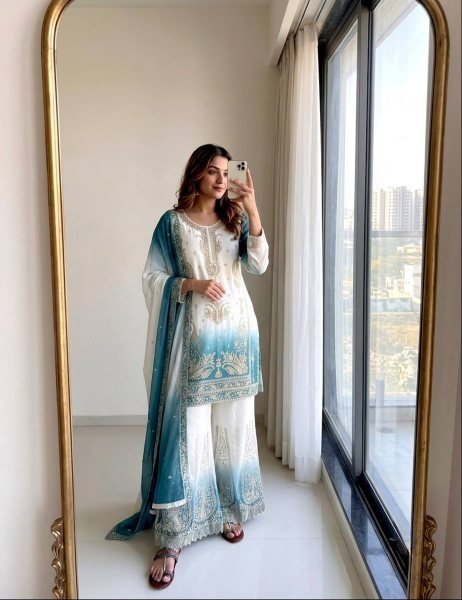 Inspiring Sky Blue Georgette Suits With Palazzo And Matching Dupatta Using Diamond  Ready To Wear Collection
