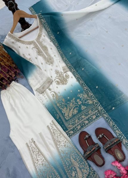 Inspiring Sky Blue Georgette Suits With Palazzo And Matching Dupatta Using Diamond  Ready To Wear Collection