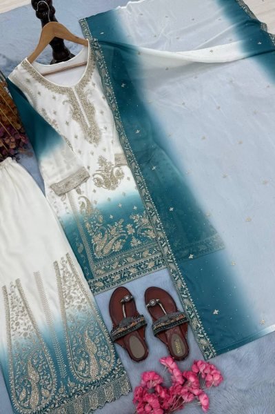 Inspiring Sky Blue Georgette Suits With Palazzo And Matching Dupatta Using Diamond  Ready To Wear Collection