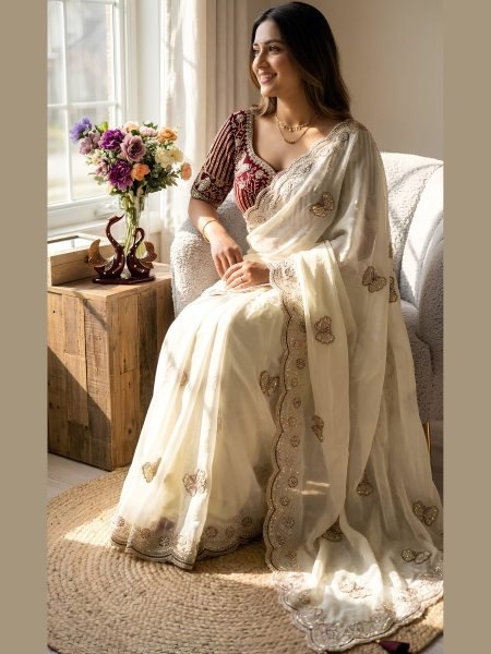 Inspiring White Boutique Soft Frendy Satin Saree with Sequins and Zari Work Sarees 