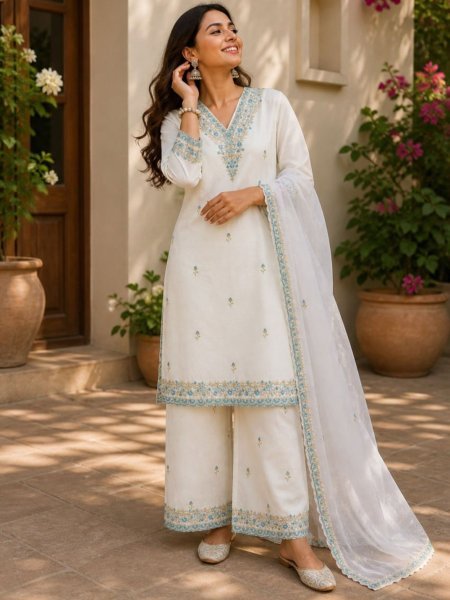 Inspiring White Viscose Rayon Embroidered Kurti Bottom Organza Dupatta Set 