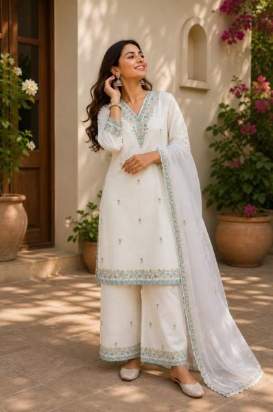 Inspiring White Viscose Rayon Embroidered Kurti Bottom Organza Dupatta Set Embroidery Kurtis 