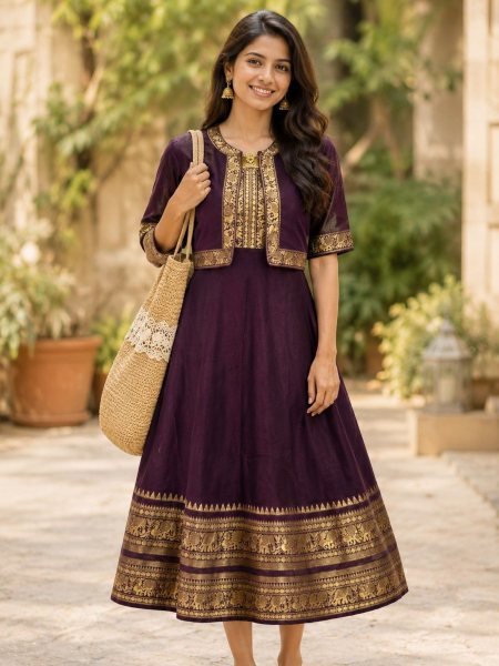 Inspiring Wine Chettinadu Cotton Gown with Matching Overcoat and Micro Cotton Inner for Women Festive Wear  Kurtis