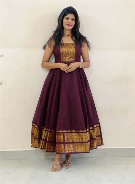 Inspiring Wine Chettinadu Cotton Gown with Matching Overcoat and Micro Cotton Inner for Women Festive Wear  Anarkali Kurtis 