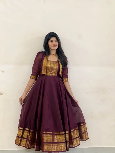 Inspiring Wine Chettinadu Cotton Gown with Matching Overcoat and Micro Cotton Inner for Women Festive Wear  Anarkali Kurtis 