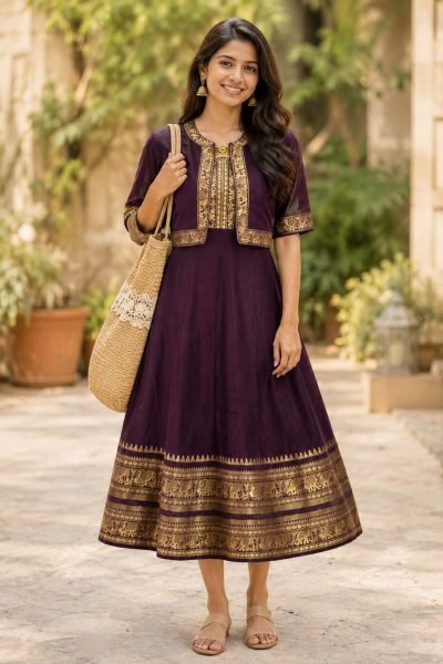 Inspiring Wine Chettinadu Cotton Gown with Matching Overcoat and Micro Cotton Inner for Women Festive Wear  Anarkali Kurtis 
