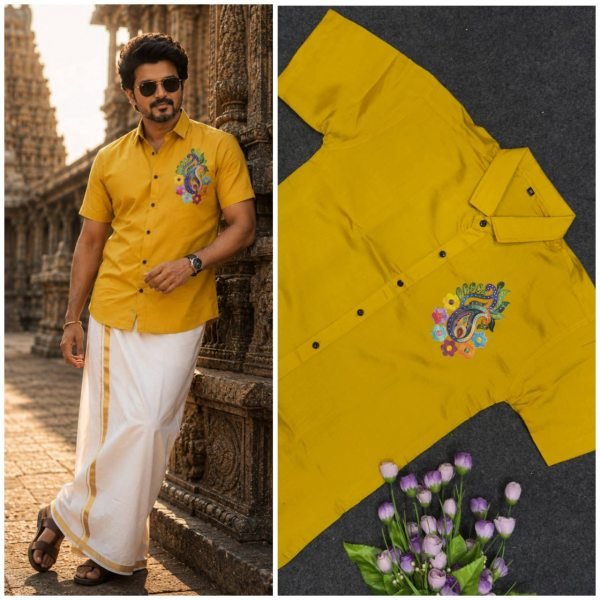 Inspiring Yellow Men   s Flower Printed Cotton Half Sleeve Shirt for Festival Mens Shirt