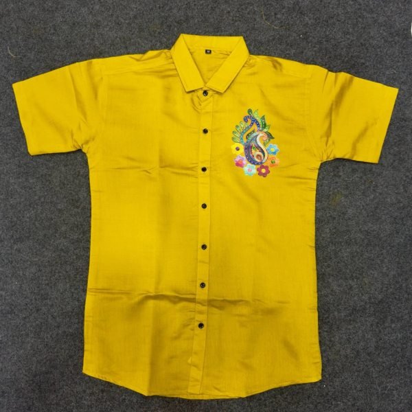 Inspiring Yellow Men   s Flower Printed Cotton Half Sleeve Shirt for Festival Mens Shirt