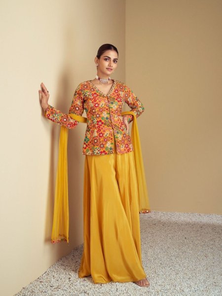 Inspiring Yellow Pure Chinon Handwork Palazzo Suit with Real Net Dupatta 