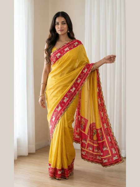 Instagram Trending Yellow Mirror Work Saree for Festive Collection Sarees 