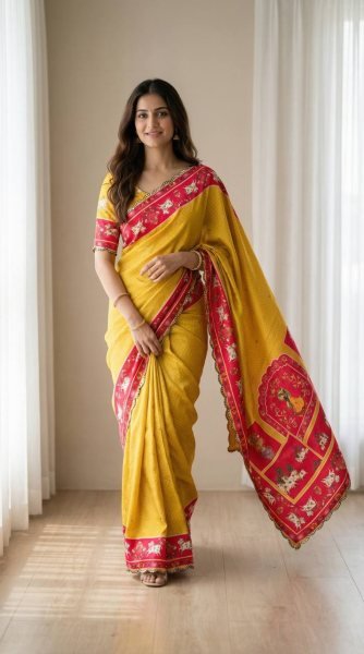 Instagram Trending Yellow Mirror Work Saree for Festive Collection Silk Sarees Wholesale
