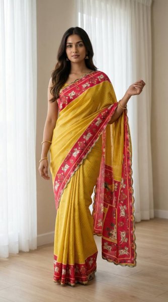 Instagram Trending Yellow Mirror Work Saree for Festive Collection Silk Sarees Wholesale