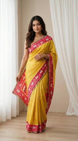 Instagram Trending Yellow Mirror Work Saree for Festive Collection Silk Sarees Wholesale