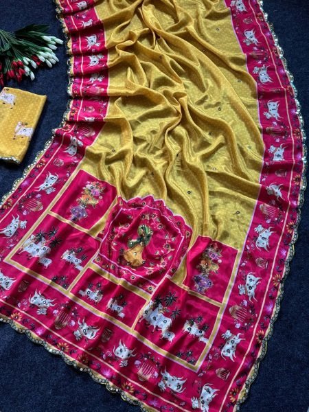 Instagram Trending Yellow Mirror Work Saree for Festive Collection Silk Sarees Wholesale