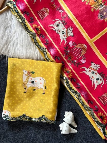 Instagram Trending Yellow Mirror Work Saree for Festive Collection Silk Sarees Wholesale