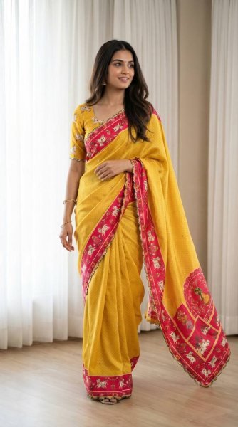 Instagram Trending Yellow Mirror Work Saree for Festive Collection Silk Sarees Wholesale