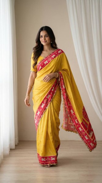 Instagram Trending Yellow Mirror Work Saree for Festive Collection Silk Sarees Wholesale