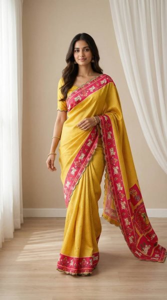 Instagram Trending Yellow Mirror Work Saree for Festive Collection Silk Sarees Wholesale