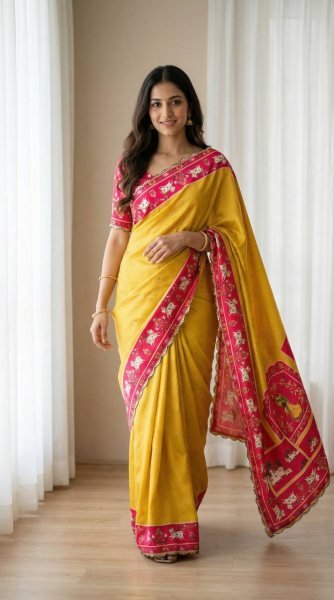 Instagram Trending Yellow Mirror Work Saree for Festive Collection Silk Sarees Wholesale