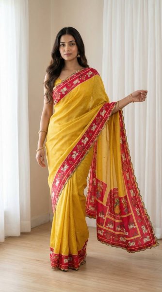 Instagram Trending Yellow Mirror Work Saree for Festive Collection Silk Sarees Wholesale