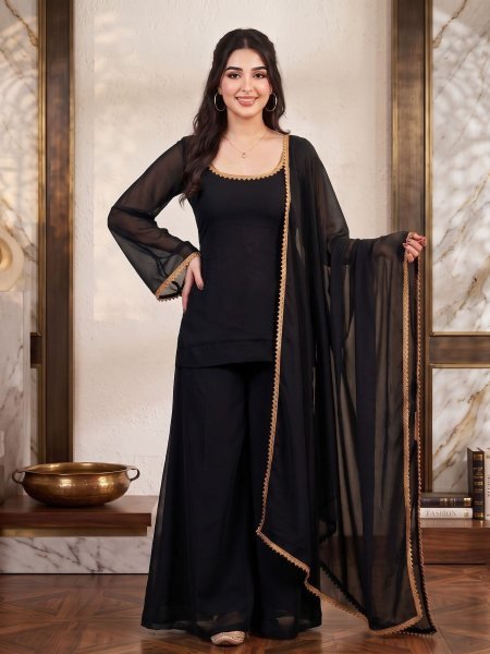 Intricate Black 90s Style Georgette Palazzo Suit with Full Flair Palazzo and Dupatta Kurtis