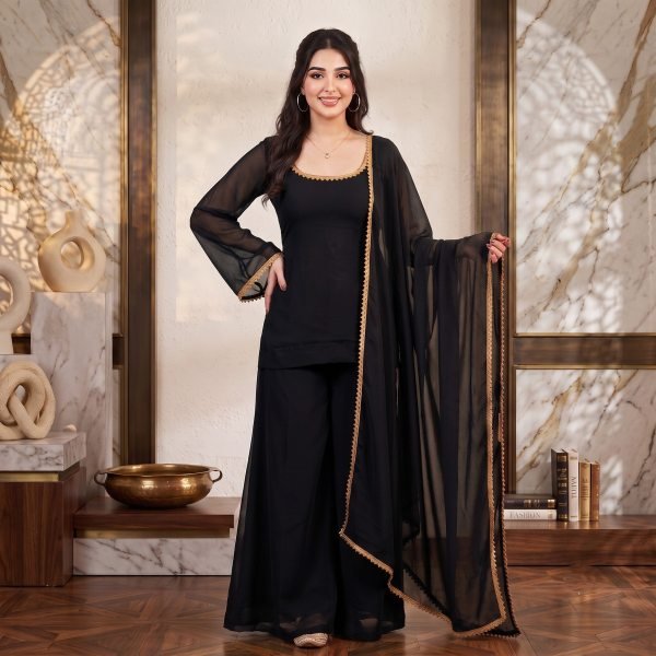 Intricate Black 90s Style Georgette Palazzo Suit with Full Flair Palazzo and Dupatta Georgette Kurti 