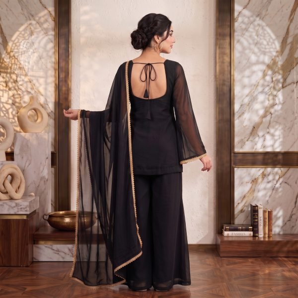 Intricate Black 90s Style Georgette Palazzo Suit with Full Flair Palazzo and Dupatta Georgette Kurti 