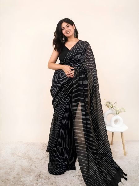Intricate Black Designer Linen Cotton Saree with Digital Print and Tussle for Daily Wear 