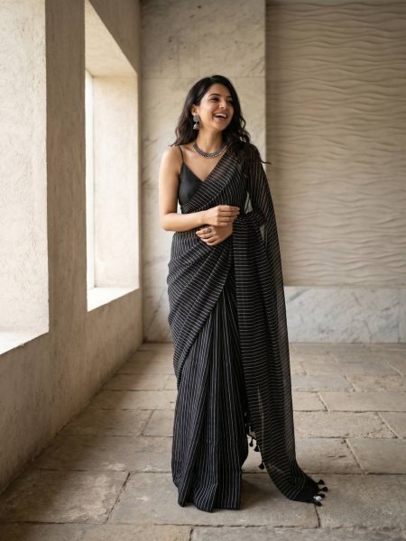 Intricate Black Designer Linen Cotton Saree with Digital Print and Tussle for Daily Wear Printed Cotton Sarees Wholesale