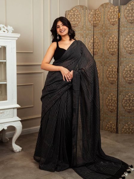 Intricate Black Designer Linen Cotton Saree with Digital Print and Tussle for Daily Wear Printed Cotton Sarees Wholesale