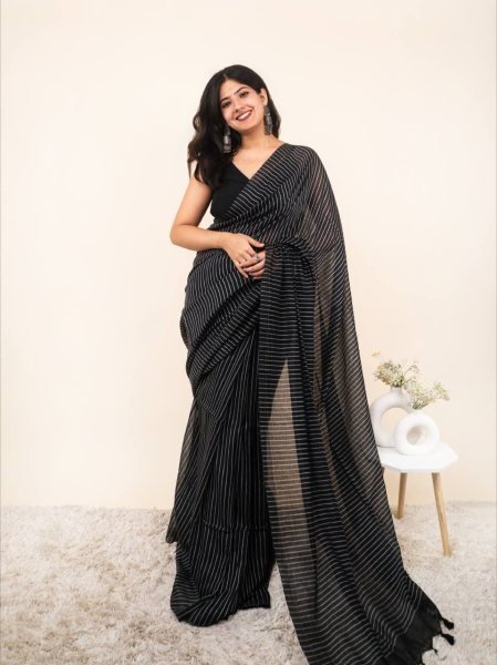 Intricate Black Designer Linen Cotton Saree with Digital Print and Tussle for Daily Wear Printed Cotton Sarees Wholesale